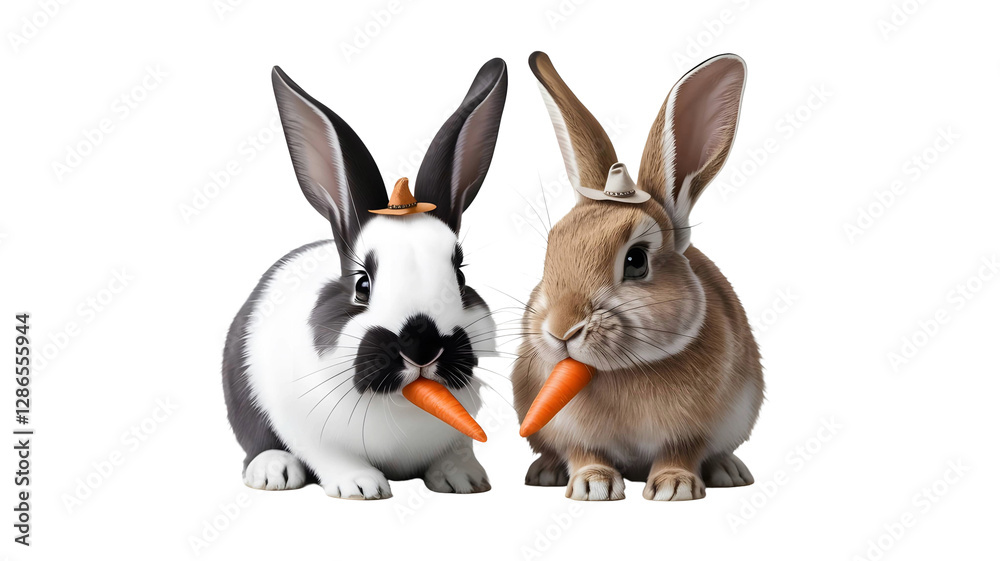 Fototapeta premium Adorable Rabbits Sharing Carrot Transparent Image