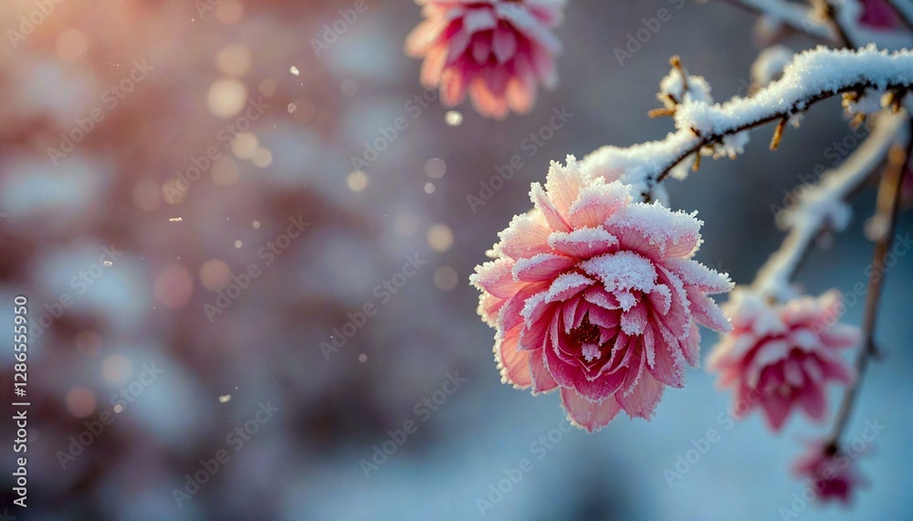 Pink cherry blossom covered in snow on branch Pink cherry blossom covered in snow on branch