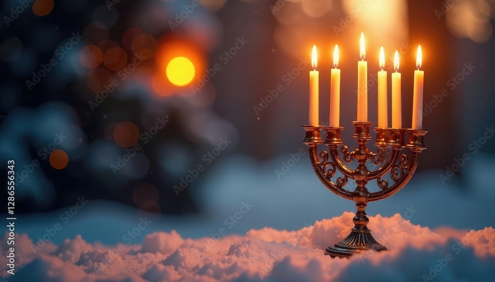 Fototapeta premium Menorah candles lit against a warm winter background, Light, Holiday, Winter