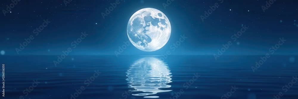 Full moon's ethereal glow on tranquil sea, stars reflected , unblemished, awesome Full moon's ethereal glow on tranquil sea, stars reflected , unblemished, awesome