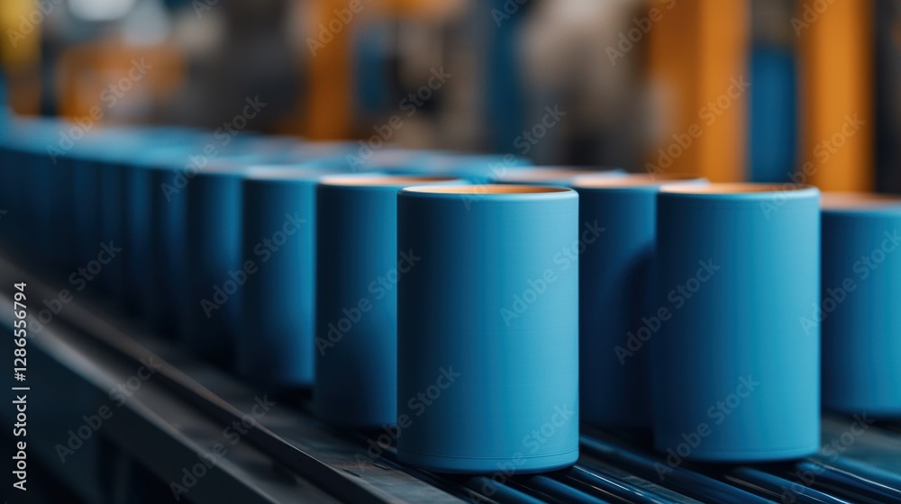 A close-up view of cylindrical blue containers on a conveyor belt in a manufacturing setting, showcasing industrial processes and production lines. A close-up view of cylindrical blue containers on a conveyor belt in a manufacturing setting, showcasing industrial processes and production lines.