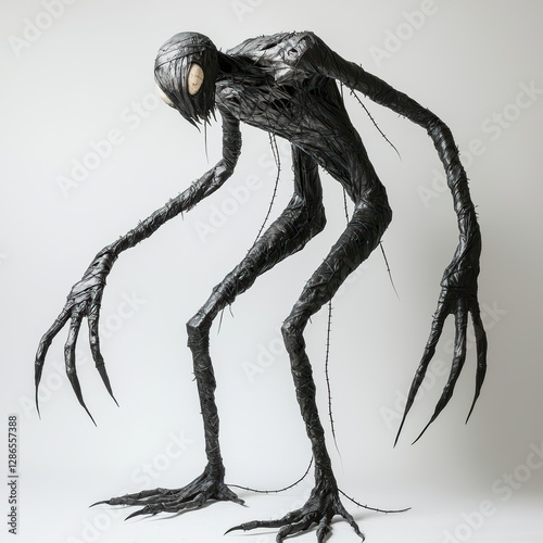 Tall, lanky monster with sharp claws and stitched-up skin, eerie but detailed, isolated on white