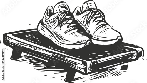 Illustration of sneakers on a wooden platform in monochrome style.