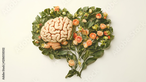 Depicts a creative fusion of nature and intelligence. A realistic human brain seamlessly blends with a heart-shaped arrangement of lush green leaves and delicate peach-colored roses. The composition s photo