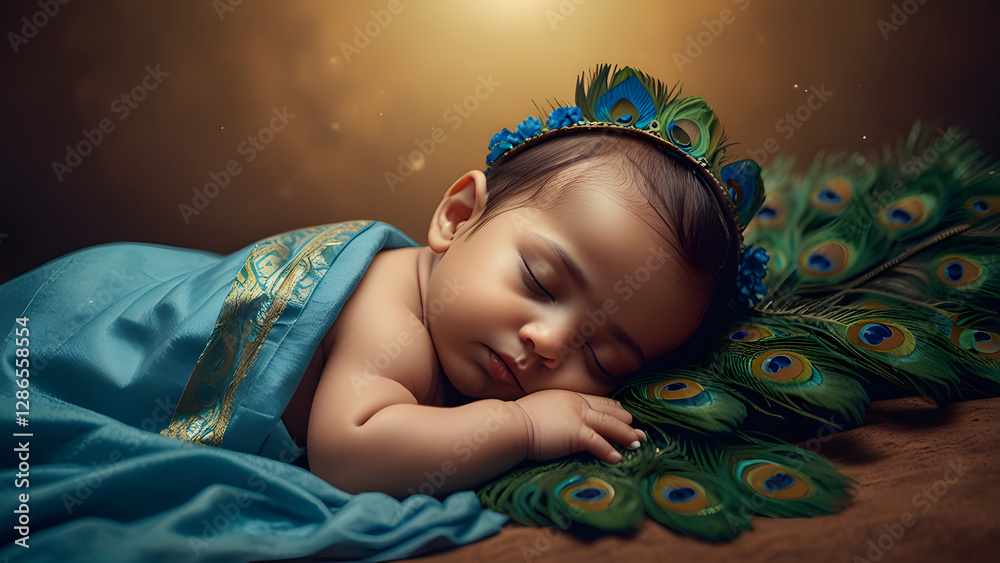 Cute little sleeping baby Krishna with peacock feather. Hindu god Lord Krishna. Krishna Janmashtami, Govardhan Puja. Indian religious festival