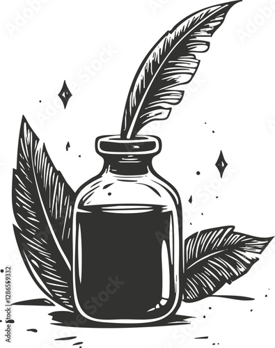 Black and white illustration of a quill and ink bottle.