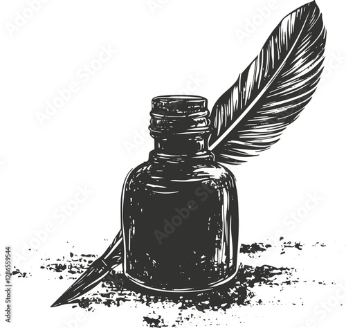 Vintage ink bottle with quill pen illustration in black and white.