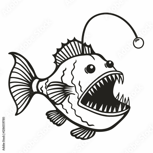 Monochrome Anglerfish Vector Illustration with Open Mouth and Lure