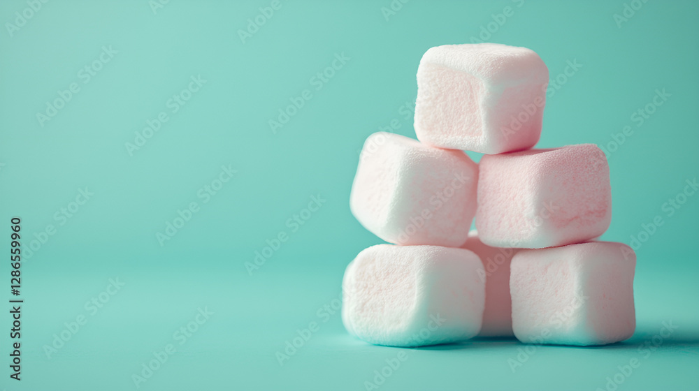 Marshmallows. Chewy candy close-up on a turquoise background. The dessert of sweet food. Pastel colors. Copy of the text space. Marshmallows. Chewy candy close-up on a turquoise background. The dessert of sweet food. Pastel colors. Copy of the text space.