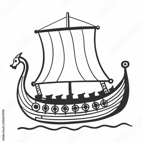 Viking Longship Illustration with Dragon Head and Sails
