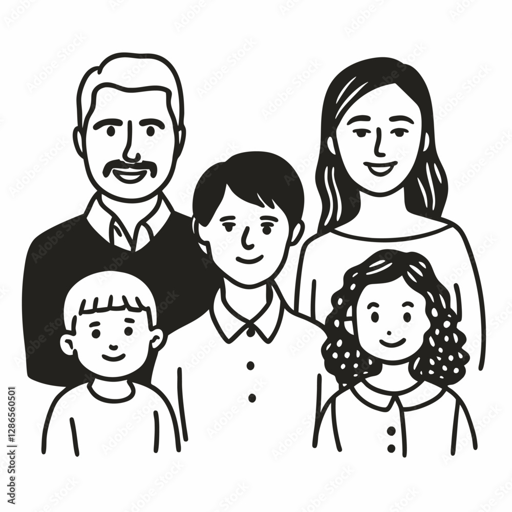 Smiling Family Portrait in Black and White Line Art Style Smiling Family Portrait in Black and White Line Art Style