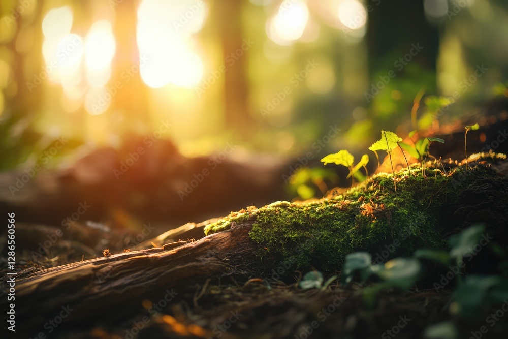 Sunlight illuminates vibrant green moss and delicate seedlings sprouting on a forest log. Sunlight illuminates vibrant green moss and delicate seedlings sprouting on a forest log.