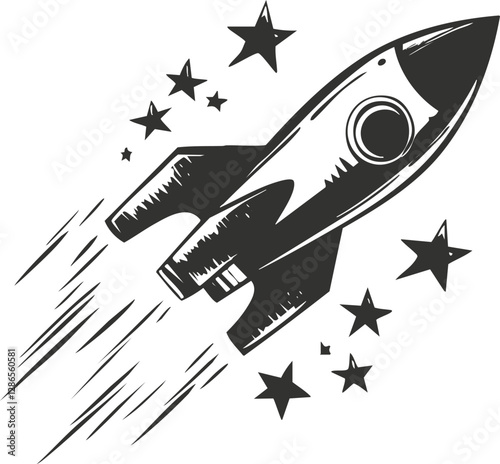 Vintage rocket illustration with stars in black and white design.