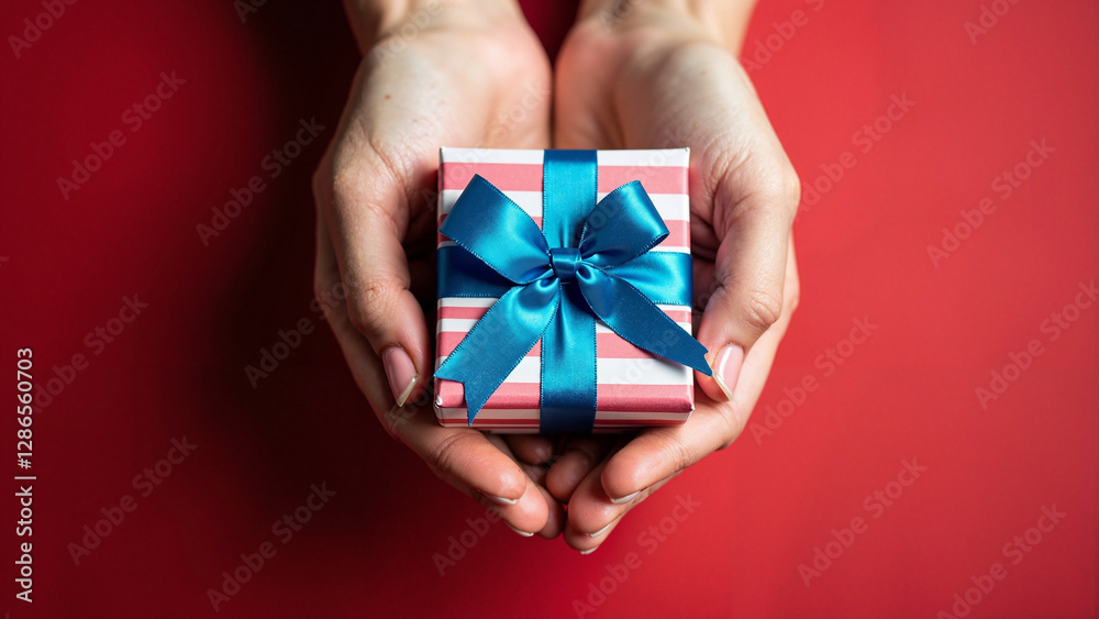 Elegant Hands Holding Striped Gift Box with Blue Ribbon on Red Background: Perfect for Holiday Marketing Elegant Hands Holding Striped Gift Box with Blue Ribbon on Red Background: Perfect for Holiday Marketing