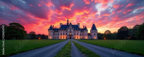 Majestic Chateau de Vincennes under vibrant sky, tricolor displayed ,  travel destination,  France