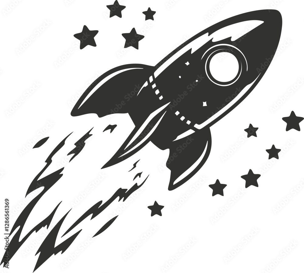 Fototapeta premium Black rocket icon with stars and flames on white background.