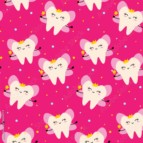 Vector seamless pattern with cute tooth fairy cartoon character in crown holding magic wand on pink background