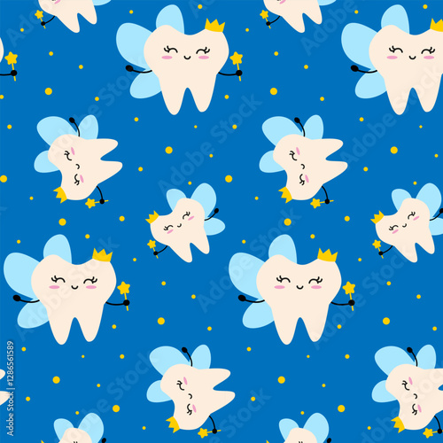 Vector seamless pattern with cute tooth fairy cartoon character in crown holding magic wand on blue background