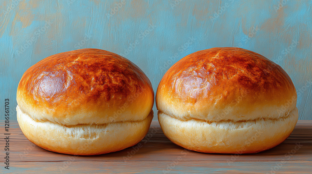 Freshly baked golden brown buns on wooden surface, perfect for sandwiches Freshly baked golden brown buns on wooden surface, perfect for sandwiches