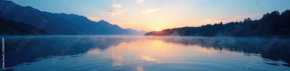 A calming blue lake at dusk with soft yellow hues, blue, calmness A calming blue lake at dusk with soft yellow hues, blue, calmness