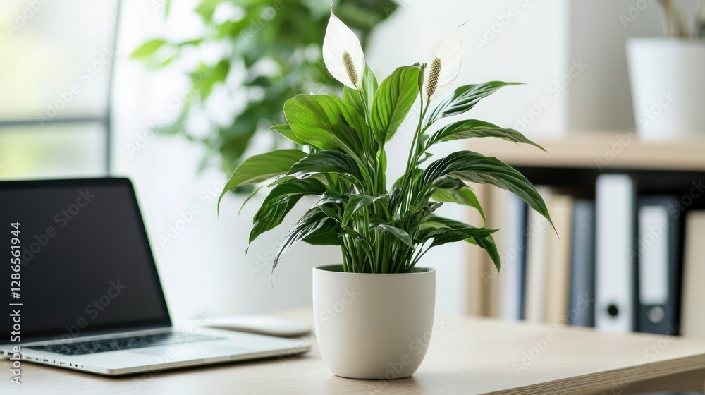 A minimalist office with a peace lily on a desk, positioned next to a laptop and books for a calming work environment A minimalist office with a peace lily on a desk, positioned next to a laptop and books for a calming work environment