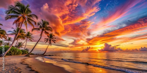 Fototapeta Naklejka Na Ścianę i Meble -  Sunny day at the beach with a dramatic sky featuring orange and pink hues, palm trees, and crystal-clear waters, sunset, landscape