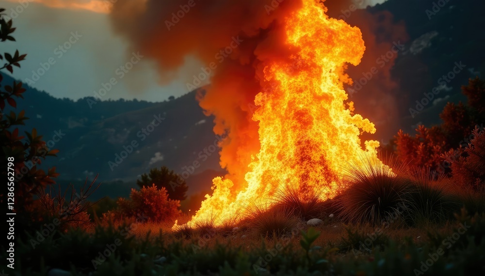 Fototapeta premium A burst of flame erupts from a tropical bush as it's engulfed in wildfire, fires, wildfires