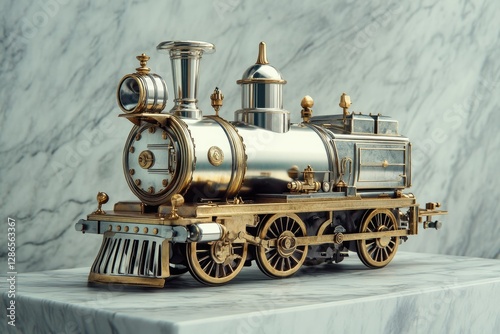 An exquisite miniature steam locomotive, meticulously crafted in silver and gold, rests on a marble surface.