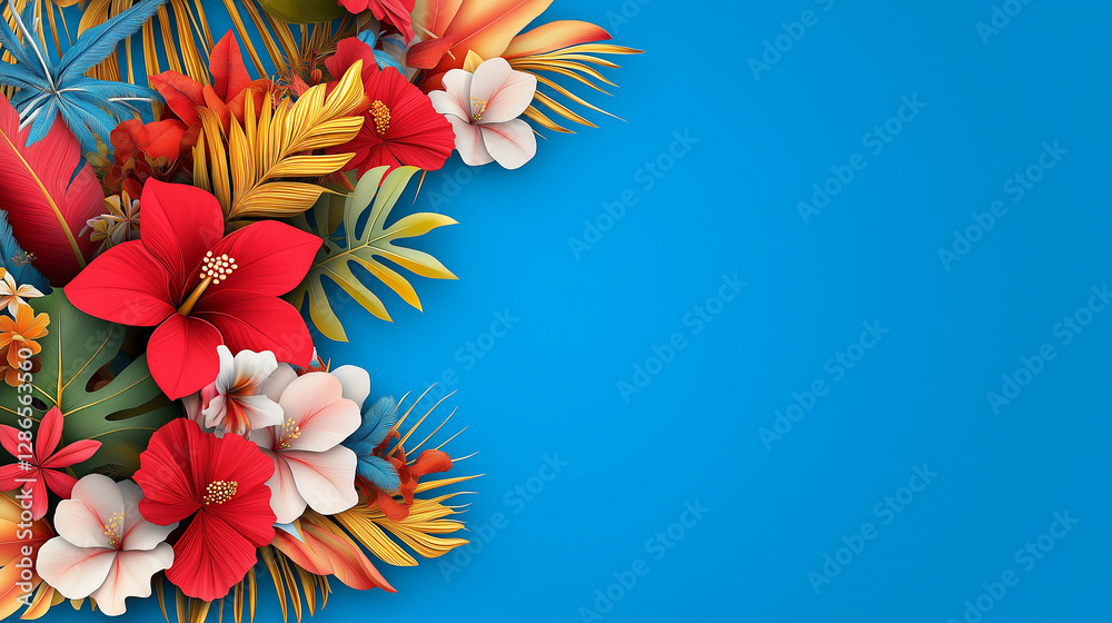 Obraz premium Tropical Floral Display: A vibrant display of tropical flowers, including hibiscus, and exotic leaves creates a colorful frame against a clear sky, the image exudes a sense of lushness, relaxation.