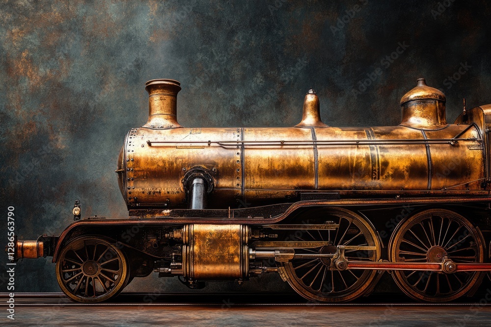 A majestic antique steam locomotive, gleaming brass, exudes vintage charm and nostalgic allure. A majestic antique steam locomotive, gleaming brass, exudes vintage charm and nostalgic allure.