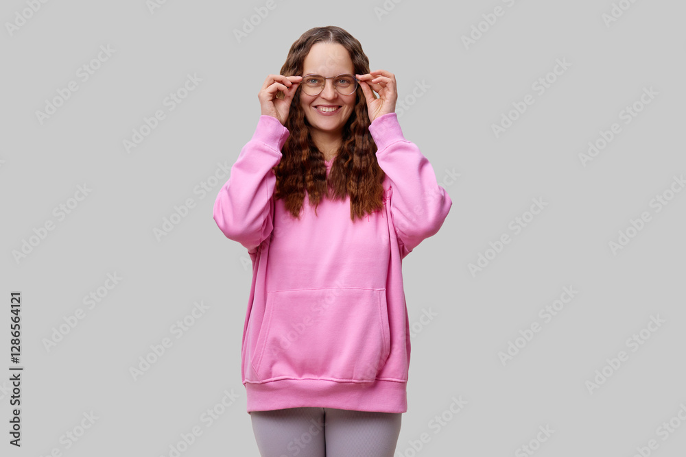 A young woman stands with a playful expression, adjusting her glasses while wearing a cozy pink hoodie. Her long hair is styled in waves, creating a warm and inviting atmosphere A young woman stands with a playful expression, adjusting her glasses while wearing a cozy pink hoodie. Her long hair is styled in waves, creating a warm and inviting atmosphere