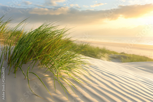 A breathtaking coastal scene featuring vibrant beach grasses swaying gently atop serene sand dunes, bathed in the warm glow of golden sunlight 