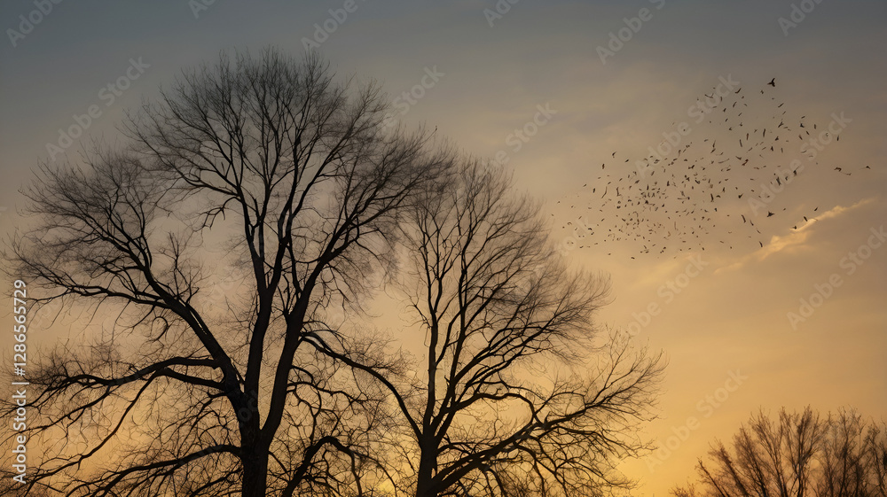 A tranquil sunset scene with silhouetted bare trees against a golden sky, as a flock of birds flies overhead. A tranquil sunset scene with silhouetted bare trees against a golden sky, as a flock of birds flies overhead.