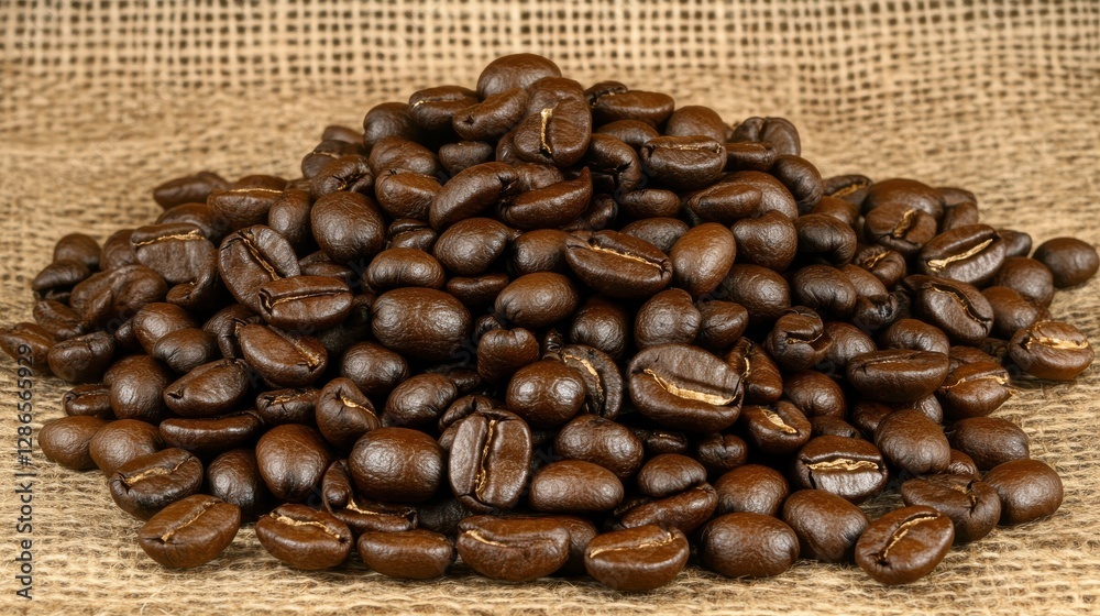Freshly Roasted Coffee Beans Piled on a Rustic Burlap Background with Rich Brown Color Freshly Roasted Coffee Beans Piled on a Rustic Burlap Background with Rich Brown Color