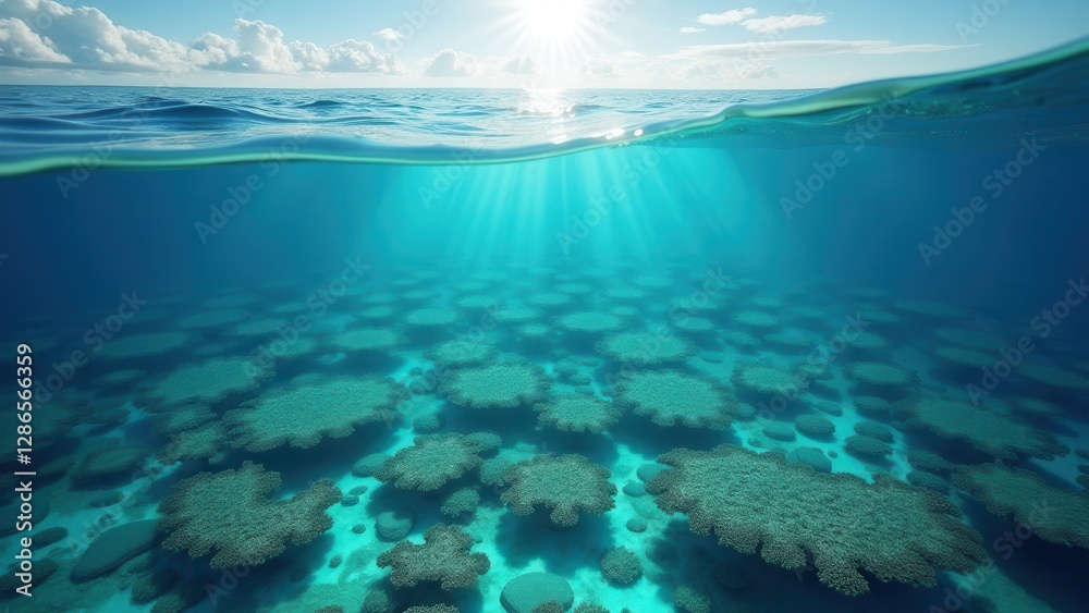 Naklejka premium Aerial view of coral reef system in turquoise ocean waters showing signs of coral bleaching