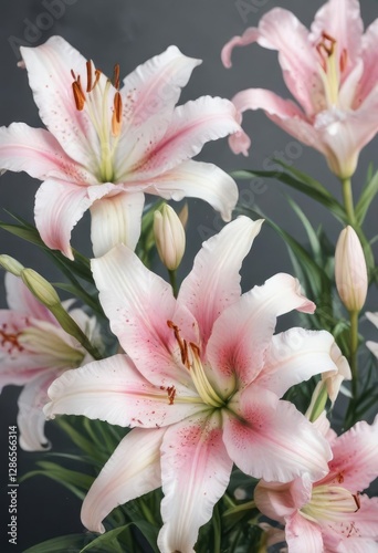 Watercolor painting of delicate pink and white lilies, soft, nature