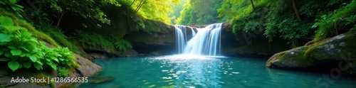 Crystal clear water falls through vibrant green canopy, peaceful, tropical, wonder