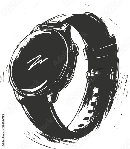 Stylized black and white illustration of a fashionable wristwatch.