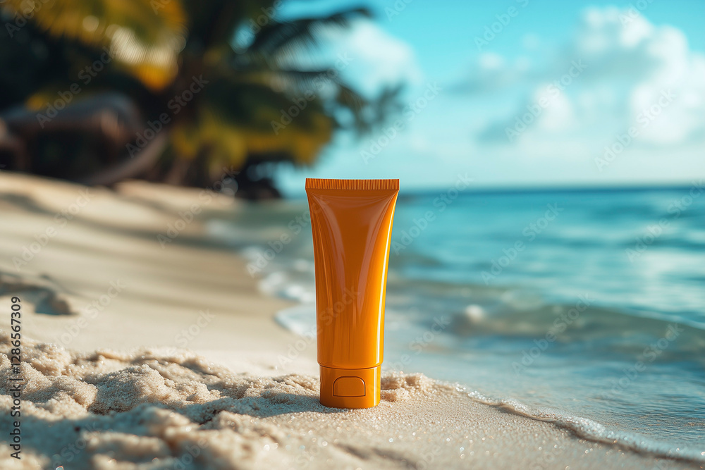 orange sun cream tube on the sand of a beach against sea or ocean. mock up with a tube, cosmetic background. orange sun cream tube on the sand of a beach against sea or ocean. mock up with a tube, cosmetic background.