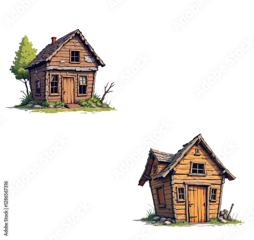Vsai two derelict wooden cabins crumbling and showing signs of age and neglect