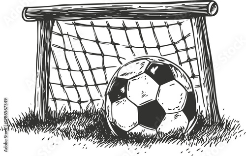 Illustration of a soccer ball in front of a goal net.