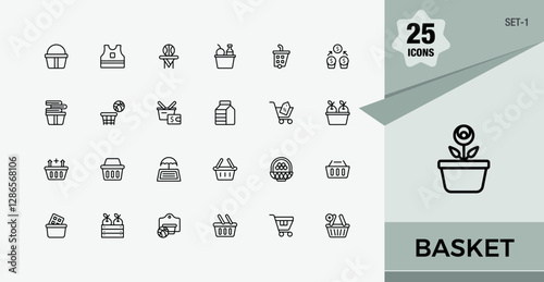 Basket icons set in linear style. Icons purchase, checkout, graphic, buy, card, e-commerce, delivery and more. Line symbol. Editable stroke icon collections.