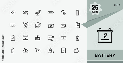 Battery vector line icon set. Contains such icons as charging, accumulator, supply, load, industry and more. Outline symbol collection. Editable stroke. Vector illustration.