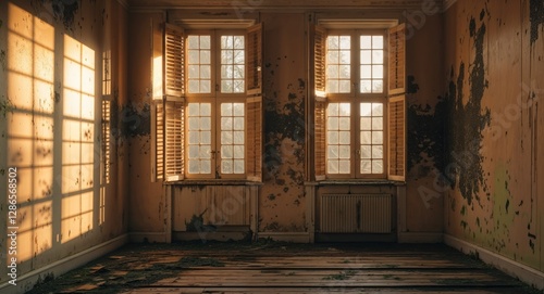 Abandoned Room with Sunlight Casting Shadows from Shuttered Windows and Visible Black Mold on Walls. photo