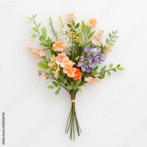 charming bouquet flowers,mix of colors and textures. Orange, peach,purple blooms are interspersed with greenery,isolated on a white background,for wedding invitations,greeting cards,decorative frames.