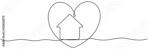 House with heart inside continuous one line drawn. Love home concept. Shelter symbol. Vector illustration isolated on white.