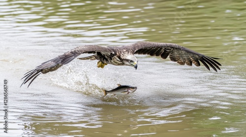 Eagle Catching Fish in River Hunting for Prey in Wildlife Scene photo