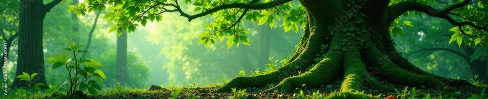 Vines snaking up an enormous tree, leaves entwined in a verdant cloak, foliage, mossy forest, tree growth Vines snaking up an enormous tree, leaves entwined in a verdant cloak, foliage, mossy forest, tree growth