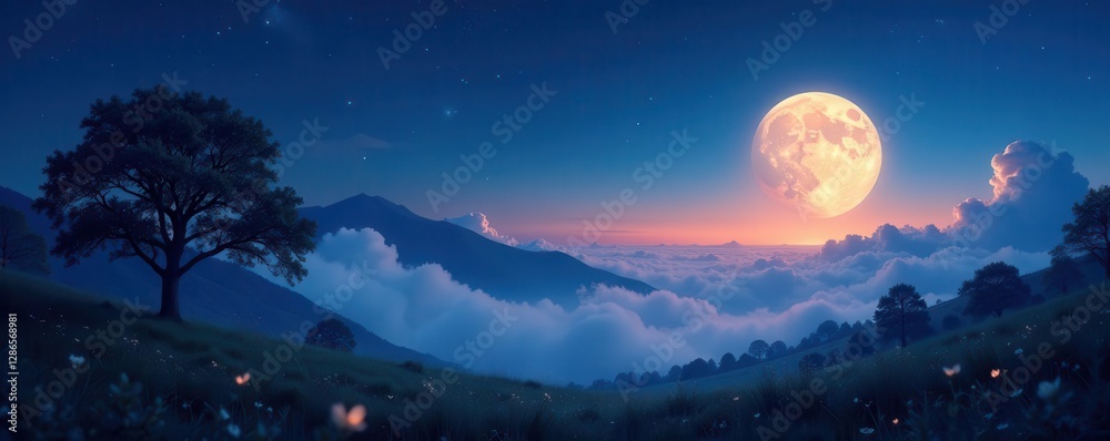 Fototapeta premium Serene landscape bathed in moonlight, stars twinkling amidst soft clouds, stargazing, magical