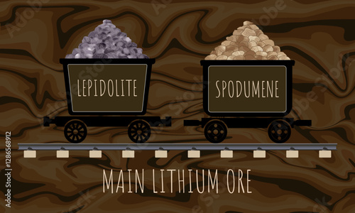 Vector drawing of LEPIDOLITE and SPODUMENE in wheelbarrows. Hand drawn illustration. LITHIUM ORE. Lithium-containing mineral.
